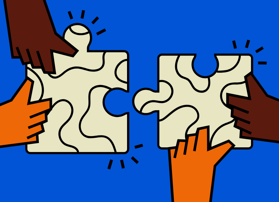 The visual shows two puzzle pieces being put together by four hands, symbolizing the subject of collaboration. The style is pop-art-ish with a strong blue background colour and the hands in orange and brown creating stark contrasts.