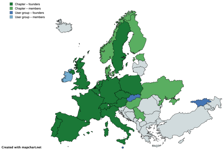 Diese Karte zeigt die Mitgliedsländer von Wikimedia Europe im Gründungsjahr 2022. Die Wikimedia Chapters, hier in grün, sind unabhängige Organisationen, die die Wikimedia Projekte unterstützen und fördern. User groups, hier in blau, sind informelle und flexiblere Mitglieder des Wikimedia Movement.