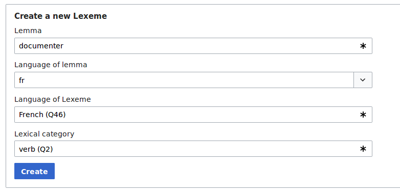 Ein Screenshot von der Seite "Ein neues Lexem erstellen" auf Wikidata.