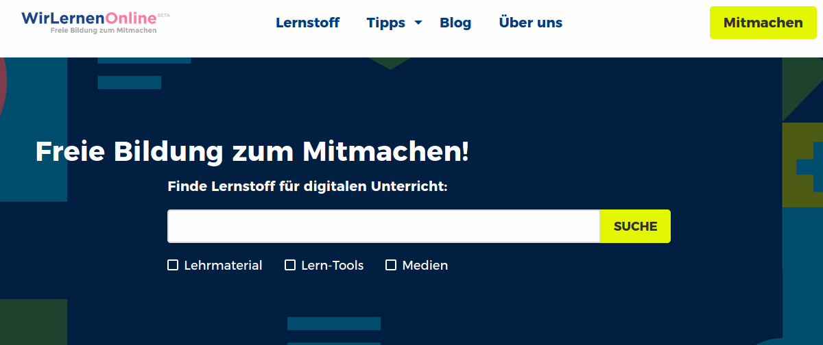 Ein Screenshot von "Wir lernen online". Zu sehen ist die Suchmaschine auf wirlernenonline.de.